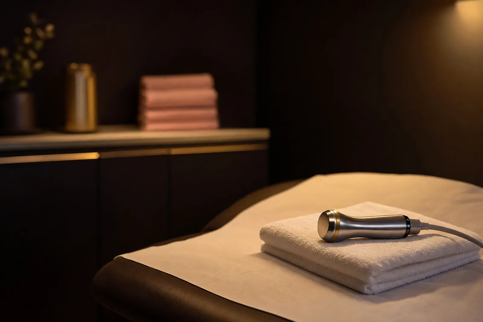 Table de soin préparée dans la cabine : drap propre, serviette pliée et appareil posé, sous plafonnier.