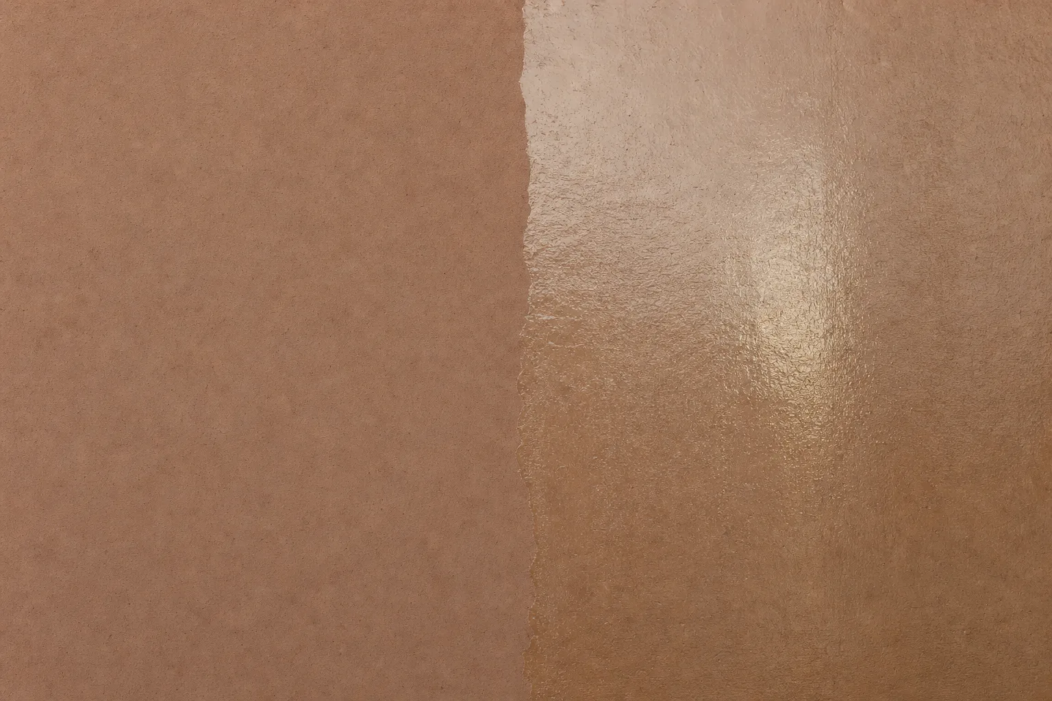 Surface de peau dont une moitié est enduite et luisante et l’autre reste mate, avec une frontière nette entre les deux.