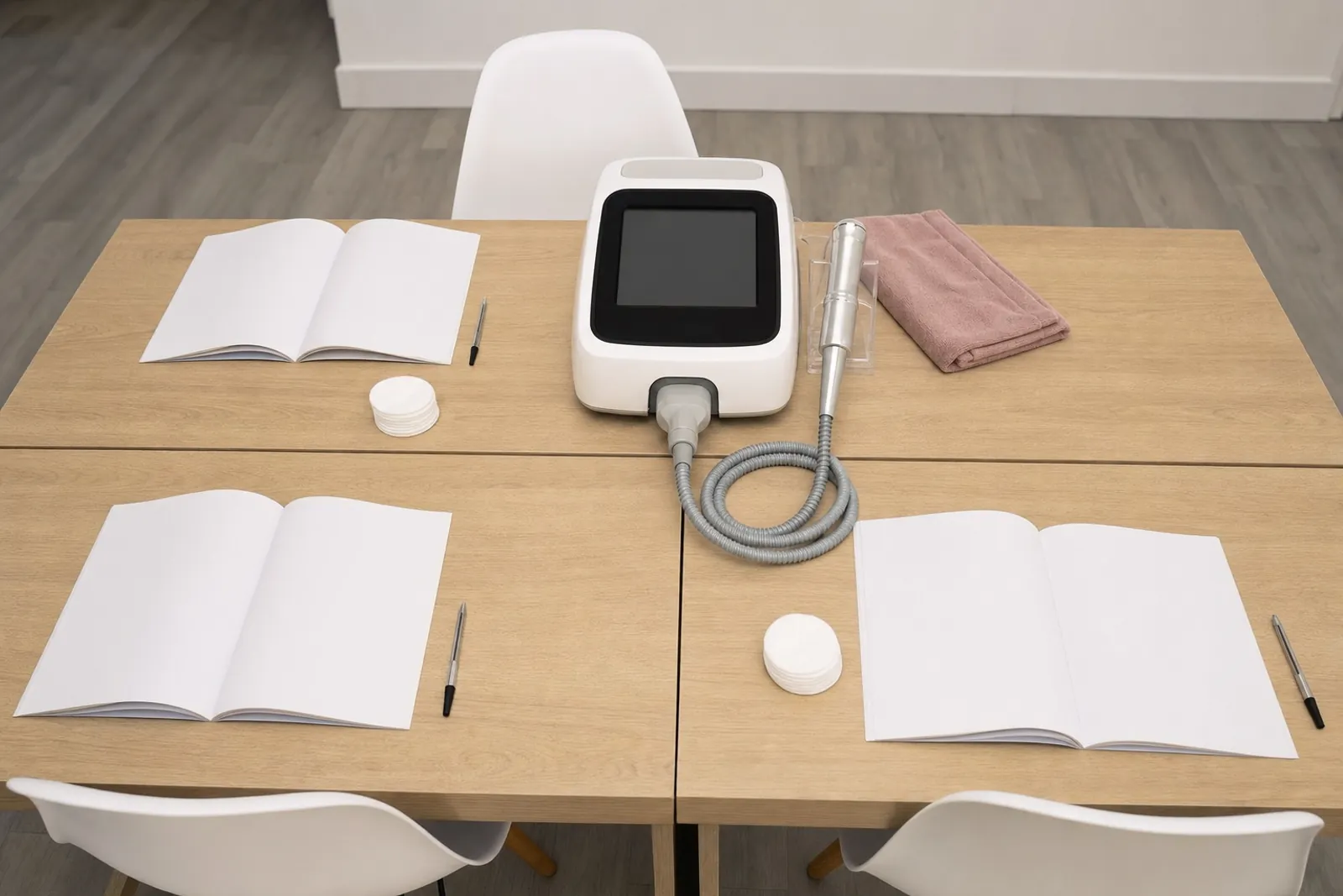 Table de formation en bois clair : appareil, carnets ouverts et chaises pour trois stagiaires.