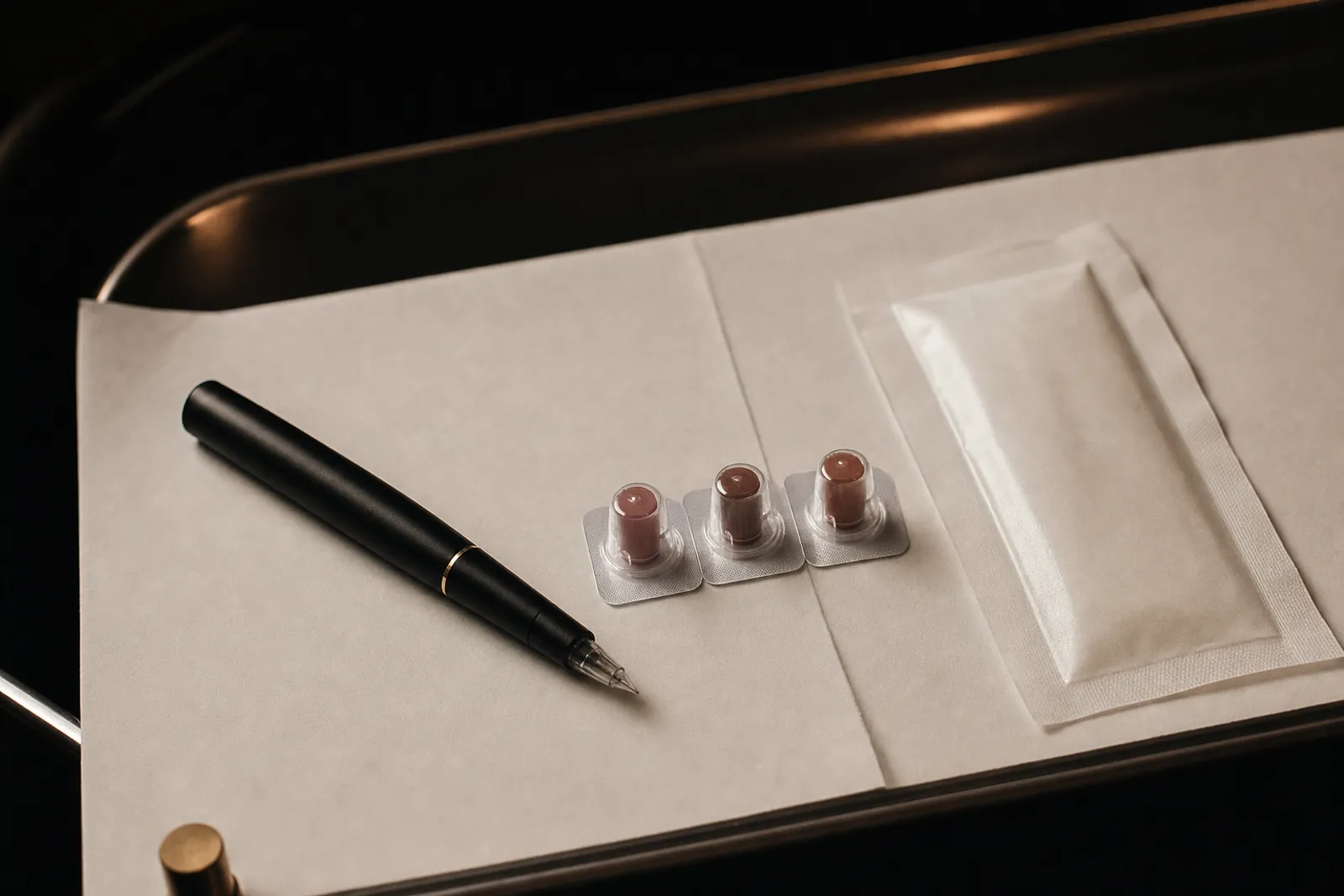 Plateau de travail : stylet, pigments et compresse stérile.