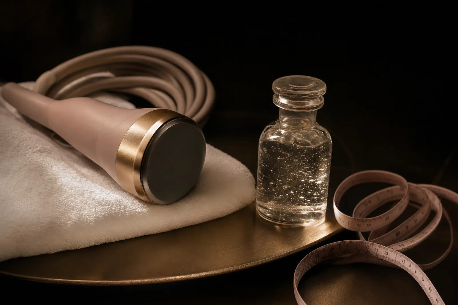 Appareil de cavitation posé sur une serviette, à côté du gel et du mètre ruban.