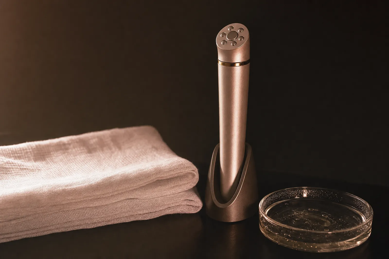 Serviette rose et appareil de soin du visage posés sur un plan clair.